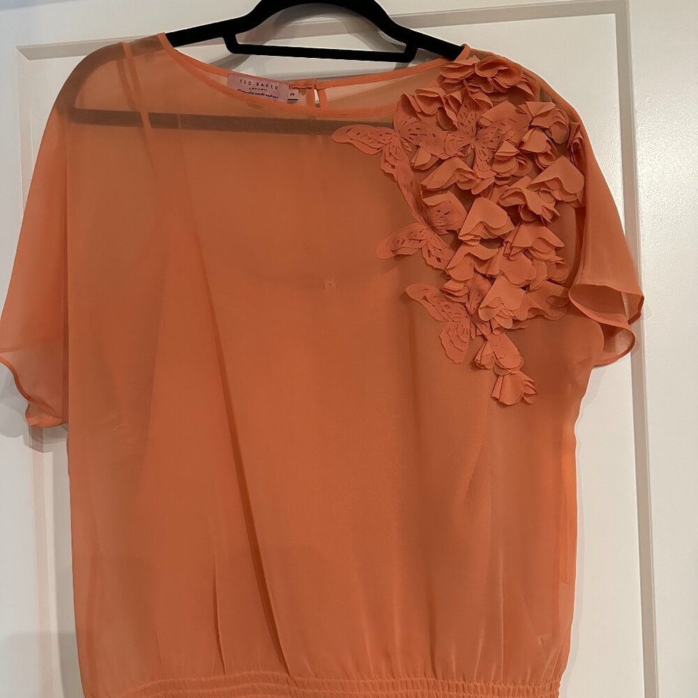 Ted Baker London Orange Chiffon Blouse w/Butterfly & Flower Details Size: 8